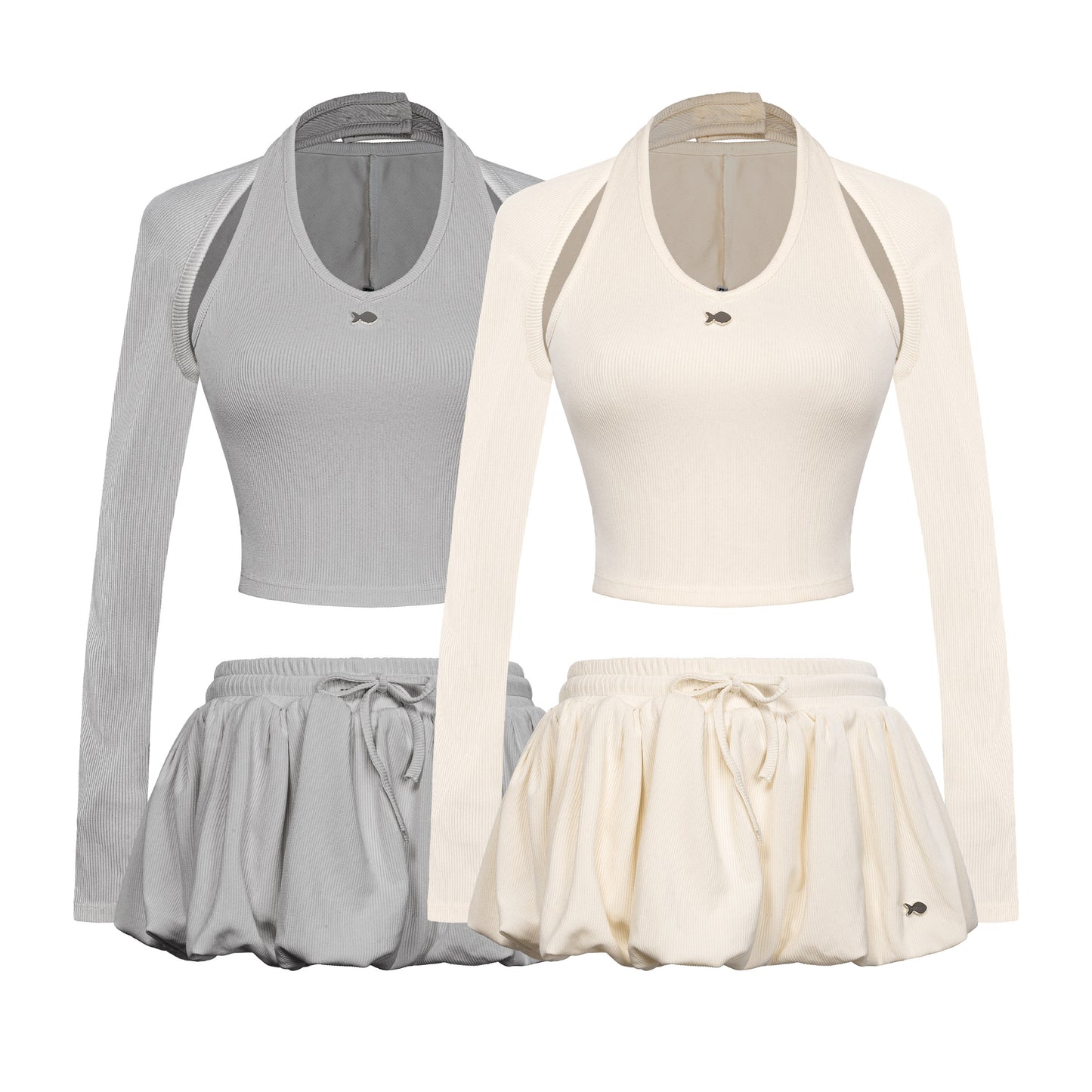 Two sets of athletic wear with long-sleeve tops and skirts in gray and white on a white background.