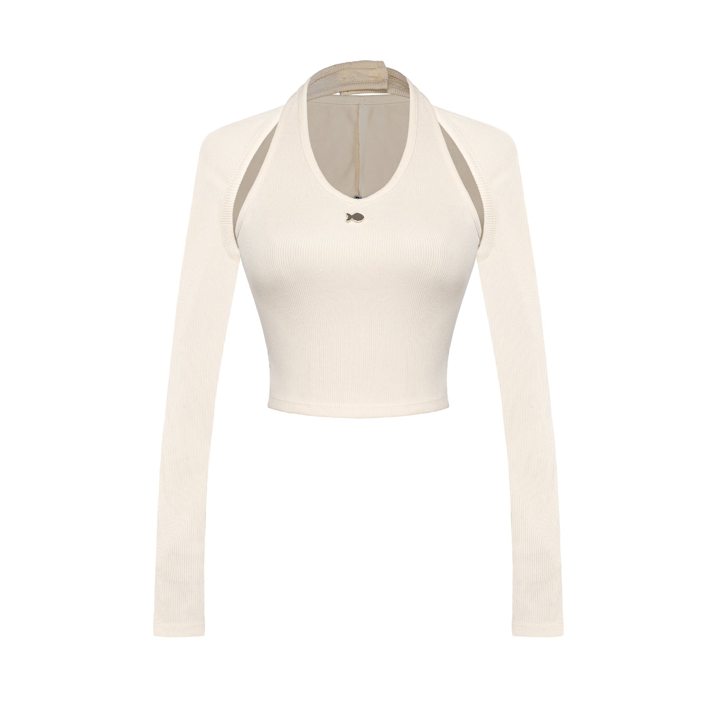 Beige long-sleeve crop top with thin straps on a white background