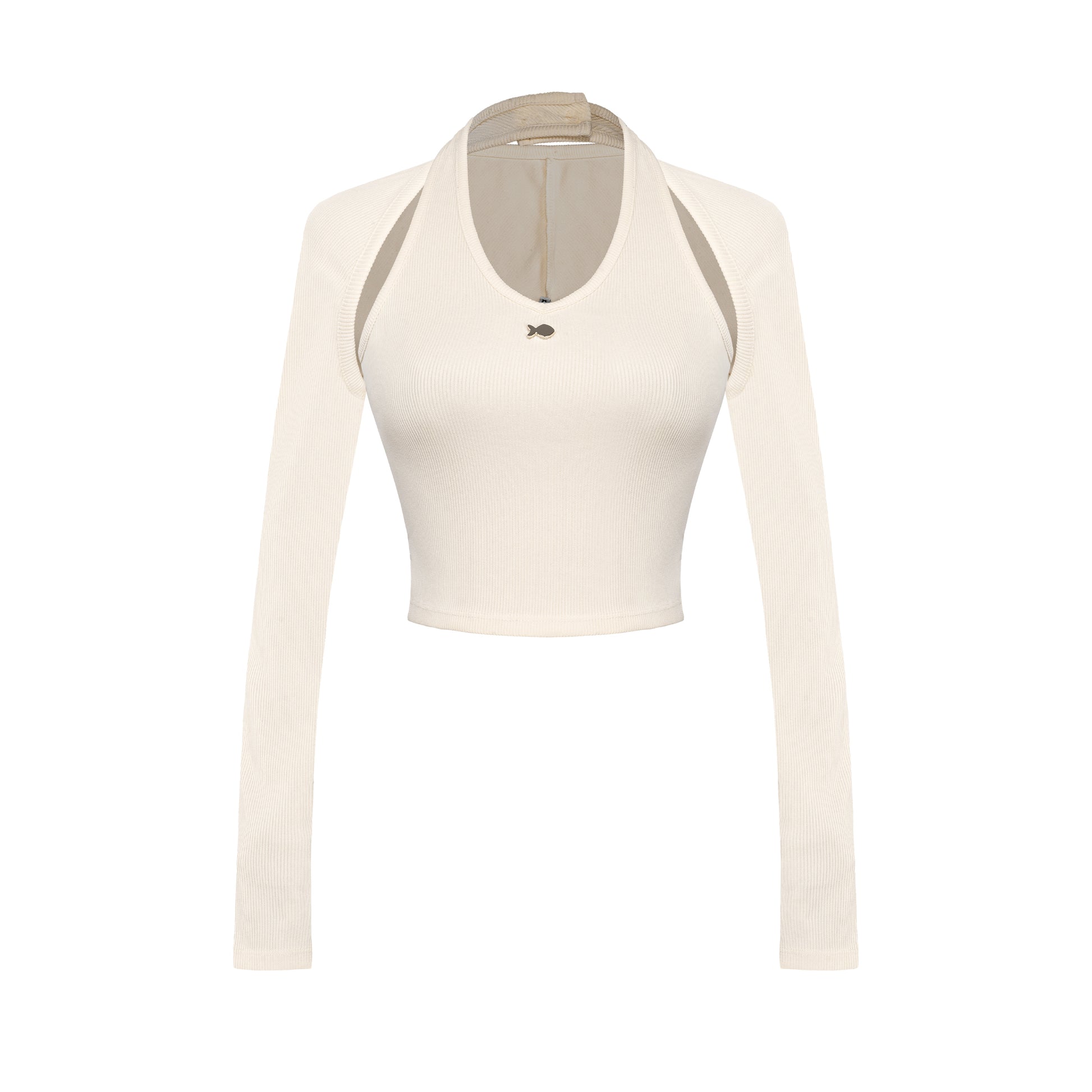 Beige long-sleeve crop top with thin straps on a white background