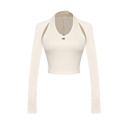 Beige long-sleeve crop top with thin straps on a white background