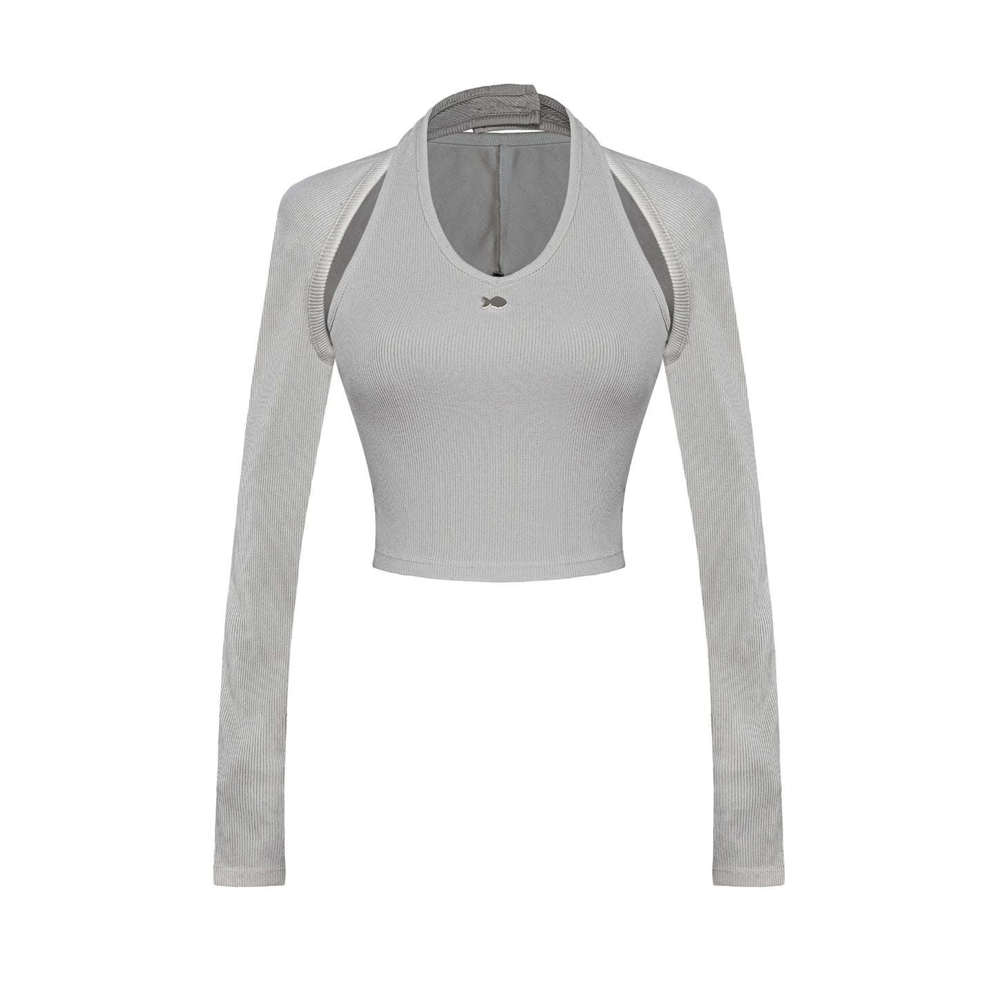 Gray long-sleeve crop top with a brand logo on a white background