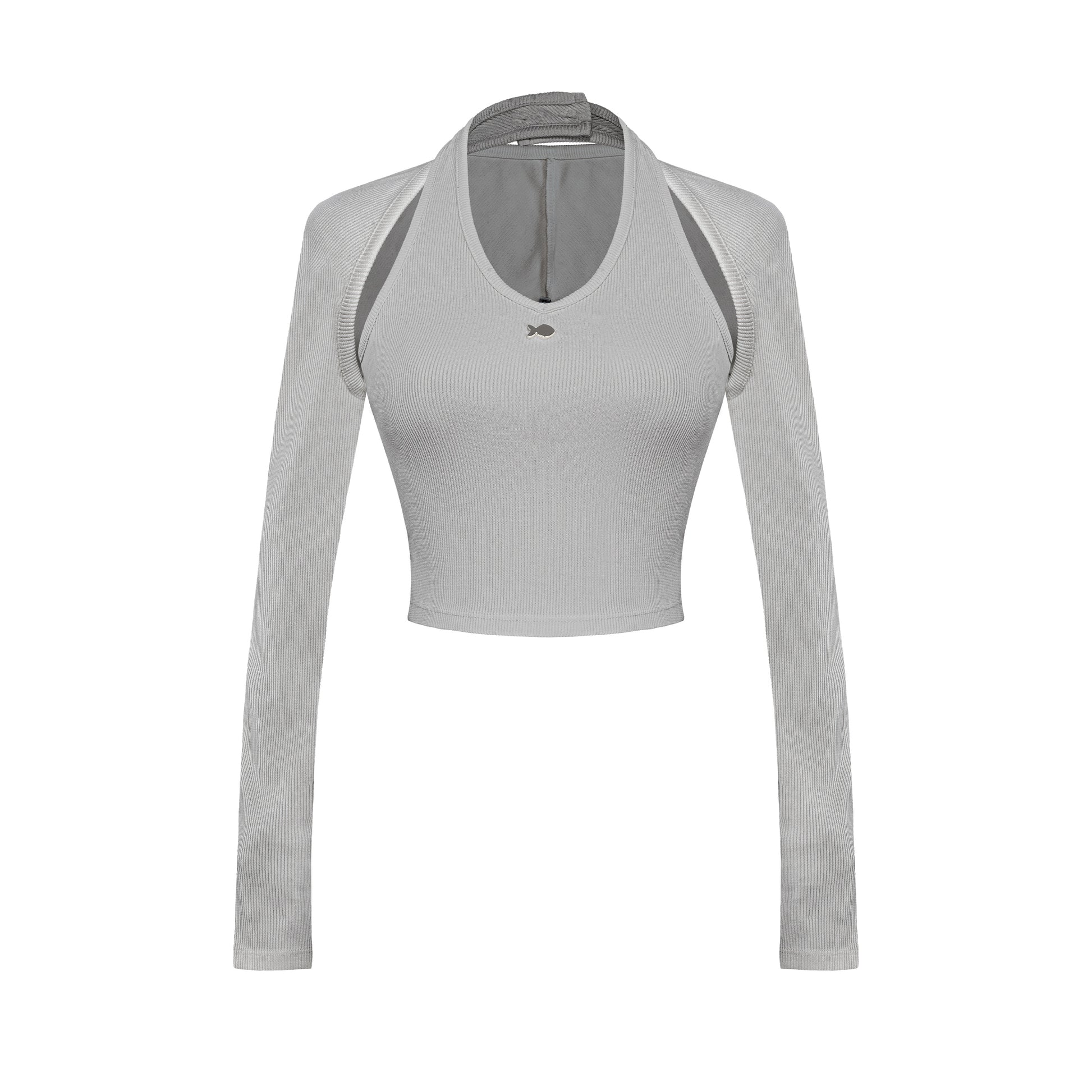 Gray long-sleeve crop top with a brand logo on a white background