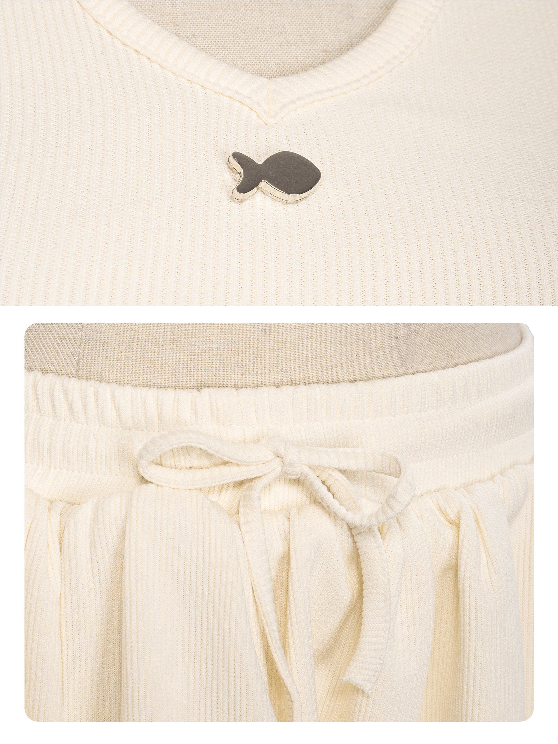 Collage of a beige top with a fish appliqué and cream-colored pants with a bow.