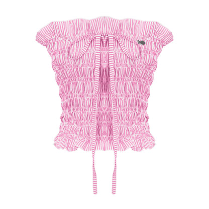 Pink and white patterned top on a white background