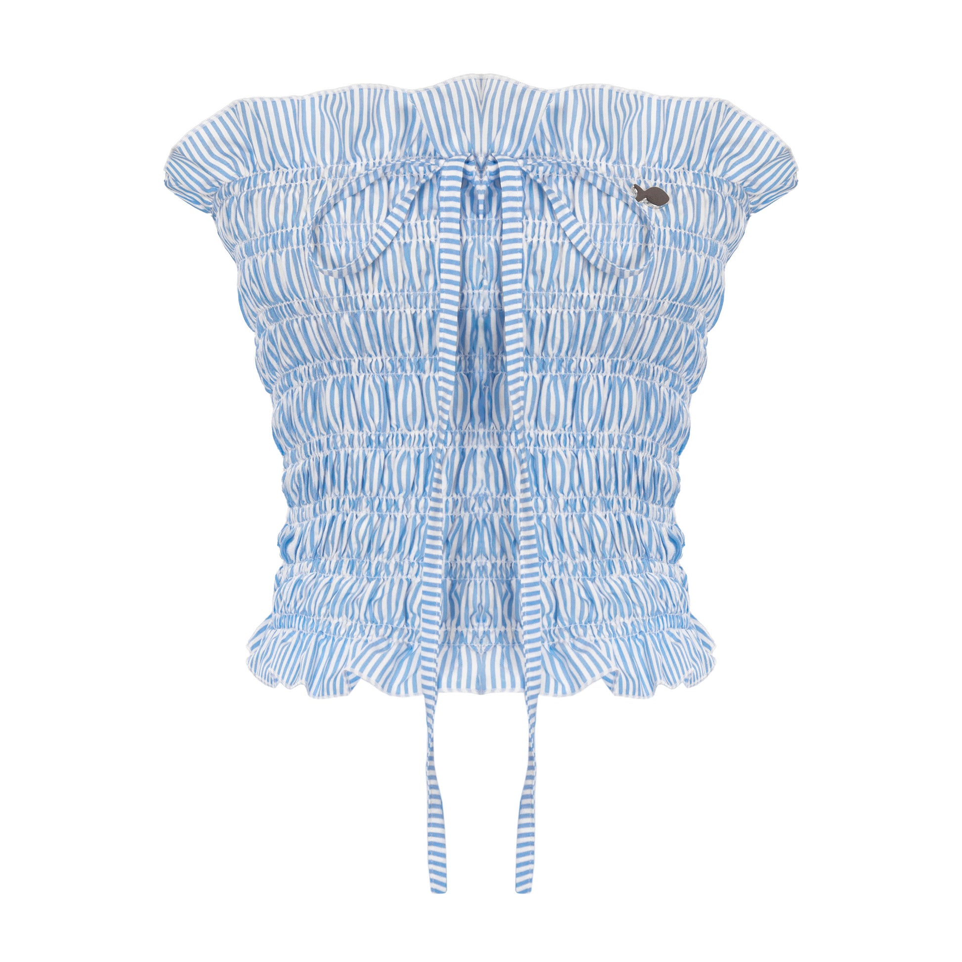 Blue and white striped off-shoulder top on a white background