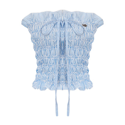 Blue and white striped off-shoulder top on a white background