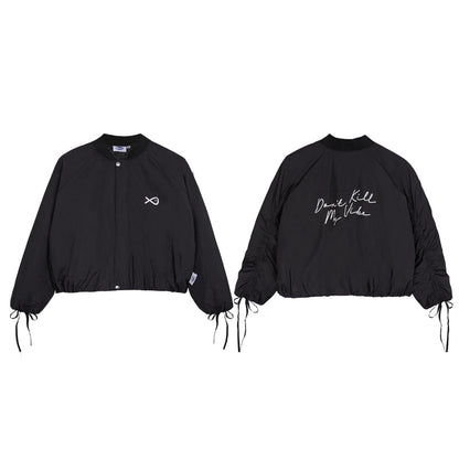 Two black jackets with text and symbols on a white background
