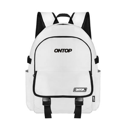 White backpack with black straps and 'ONTOP' branding on a white background