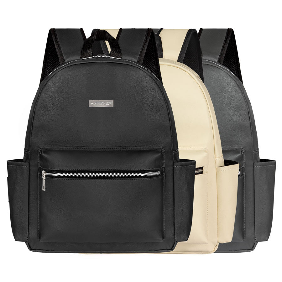 Black, beige, and gray backpacks on a white background
