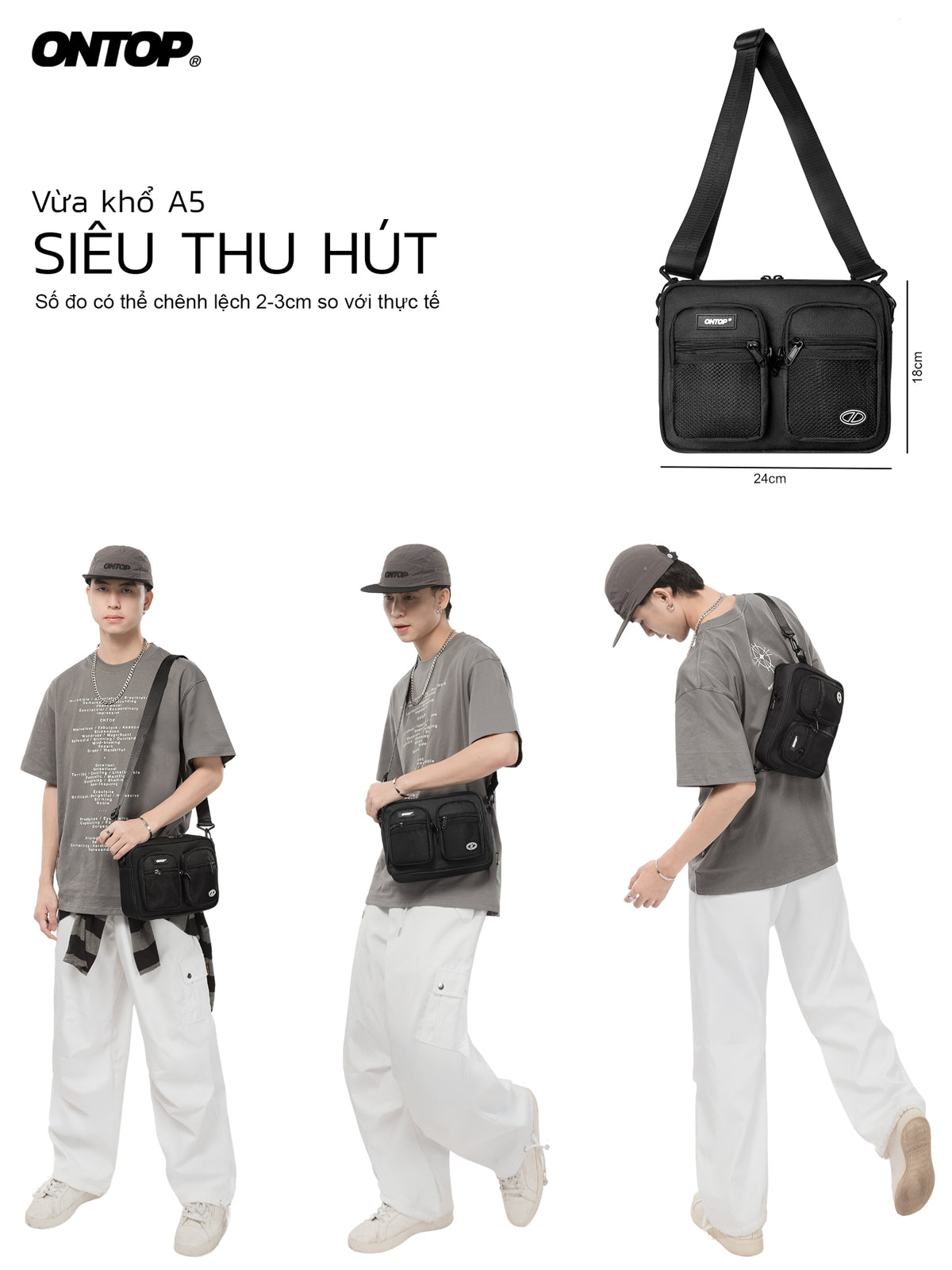 Black shoulder bag with measurements and usage scenarios on a white background