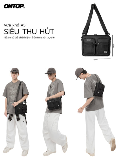 Black shoulder bag with measurements and usage scenarios on a white background