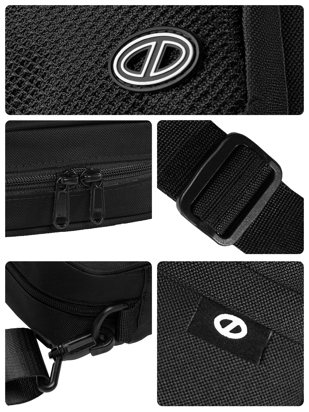 Black waist bag with multiple views showing details like zipper, strap, and brand logo.