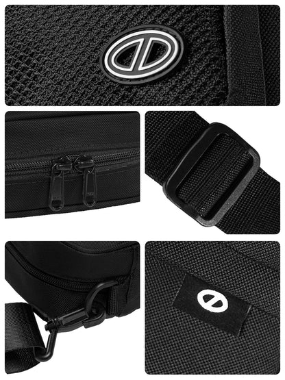 Black waist bag with multiple views showing details like zipper, strap, and brand logo.