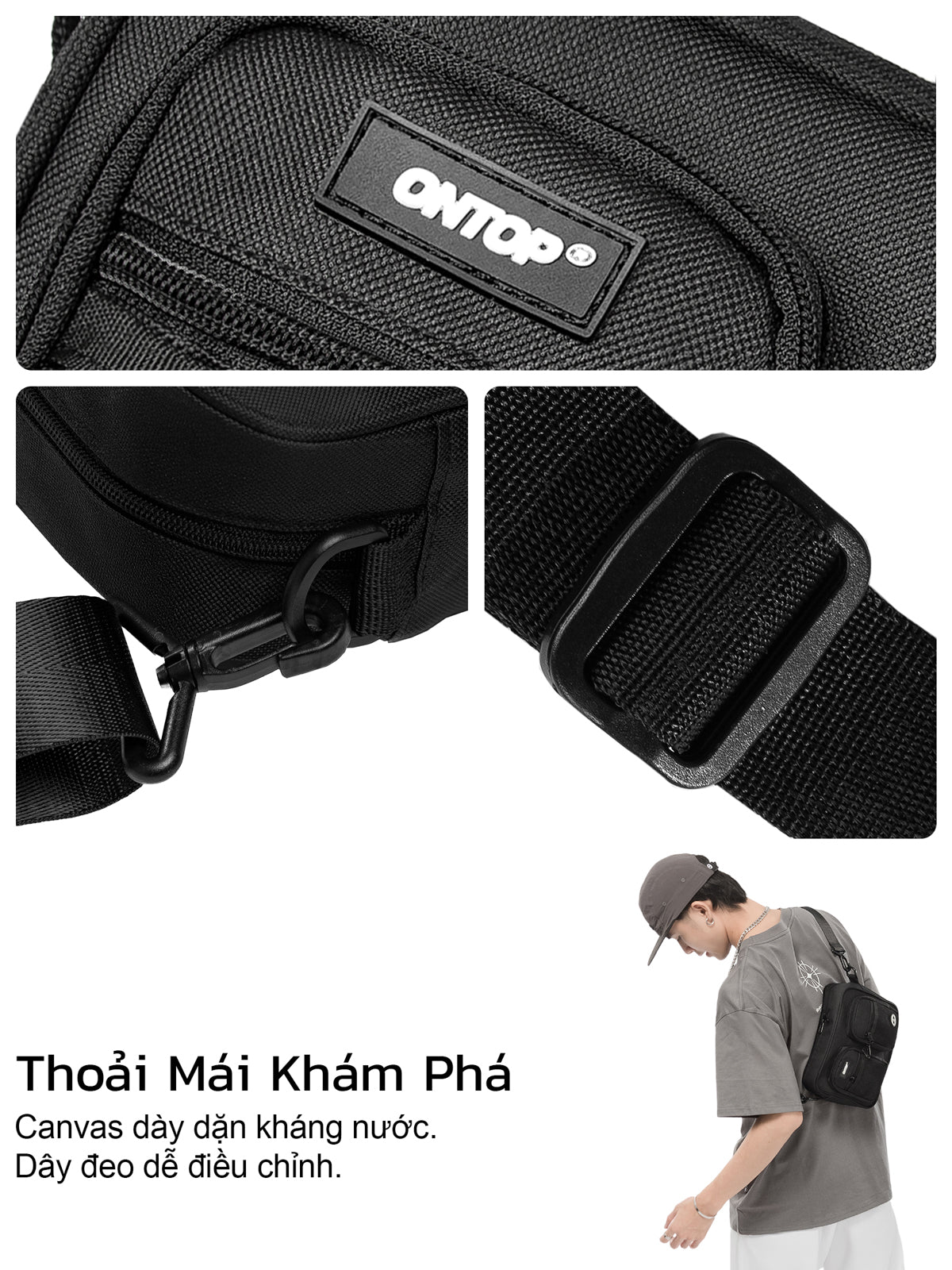 Black waist bag with adjustable strap and Onepop branding, featuring a person wearing it.