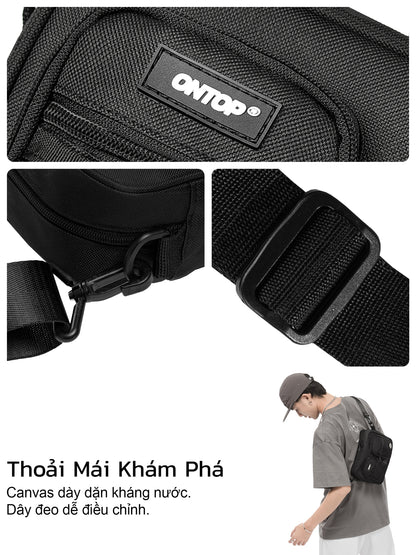 Black waist bag with adjustable strap and Onepop branding, featuring a person wearing it.