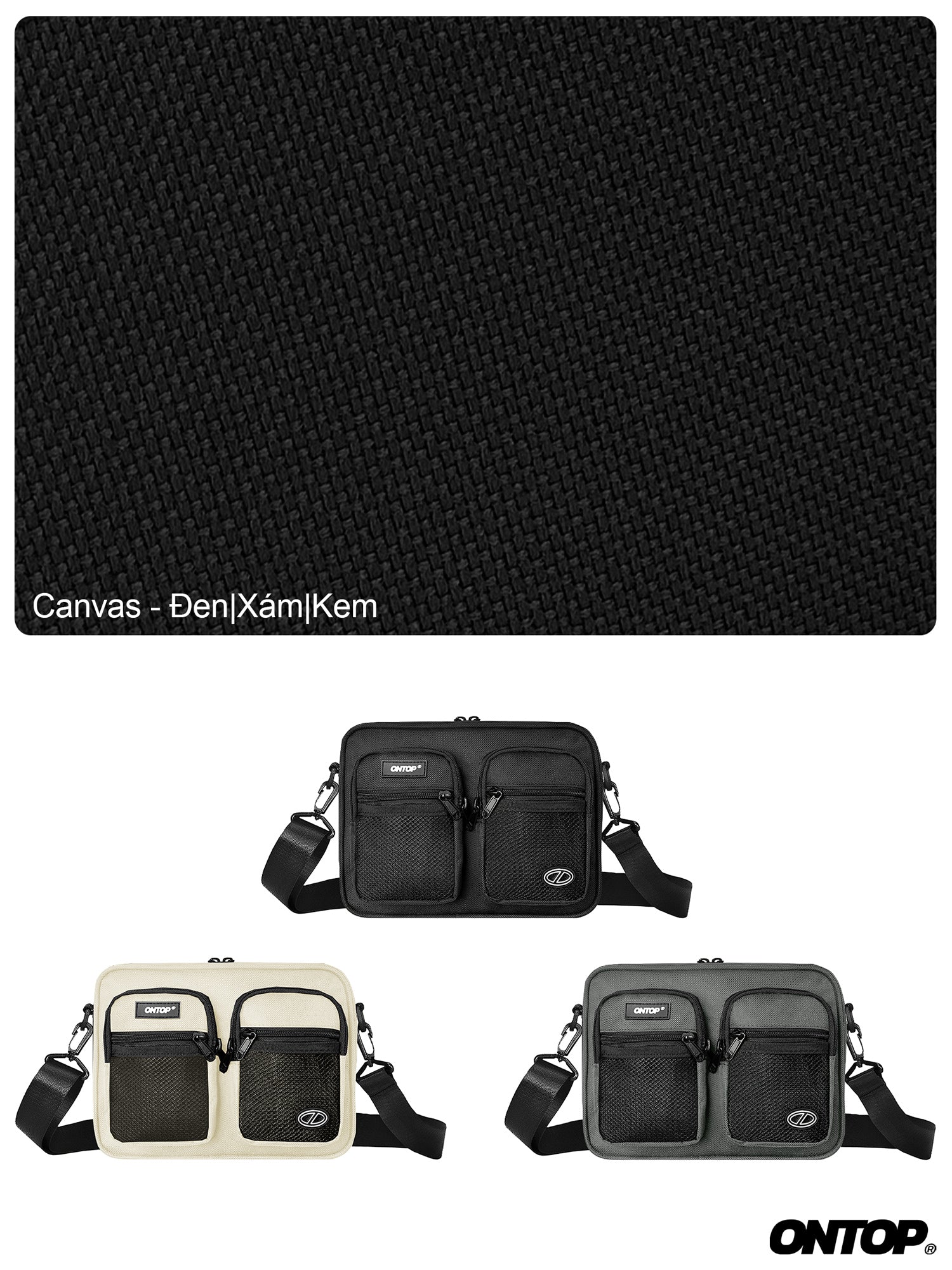 Black textured mat with three black bags displayed below on a white background.