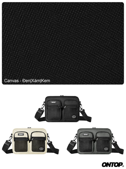 Black textured mat with three black bags displayed below on a white background.