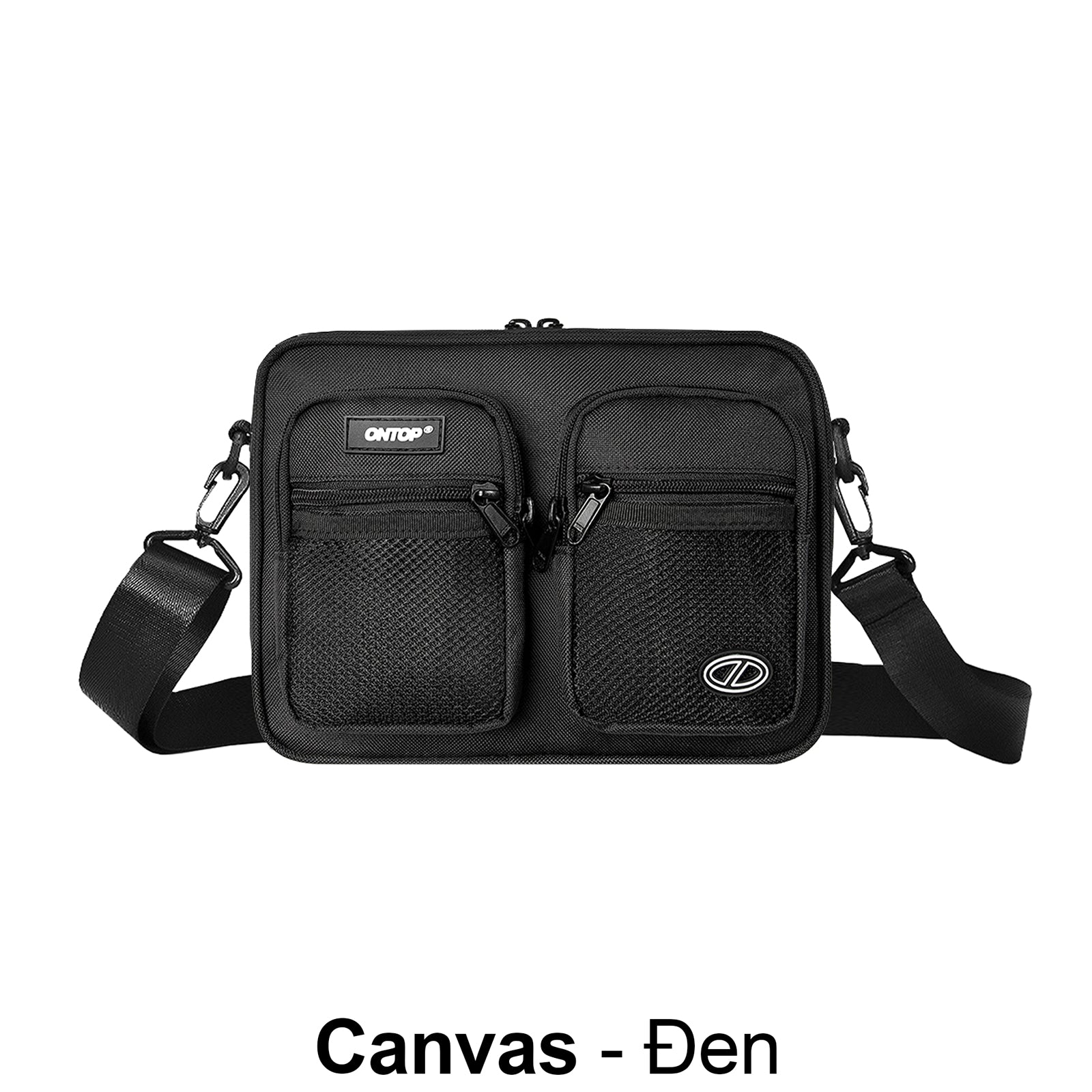 Black crossbody bag with visible brand logo on a white background