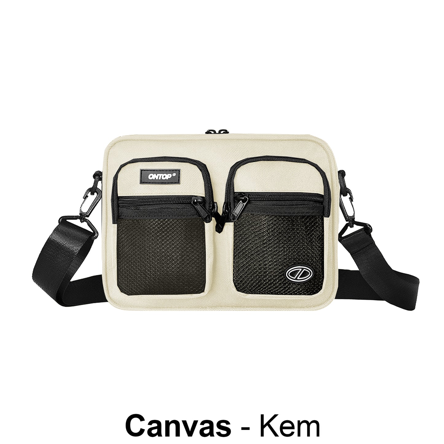 Beige crossbody bag with black accents on a white background