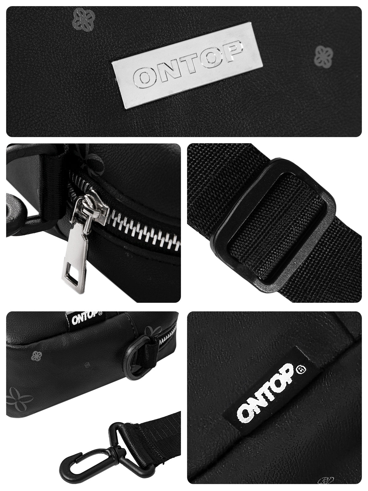 Collage of black bag details with ONTOP branding