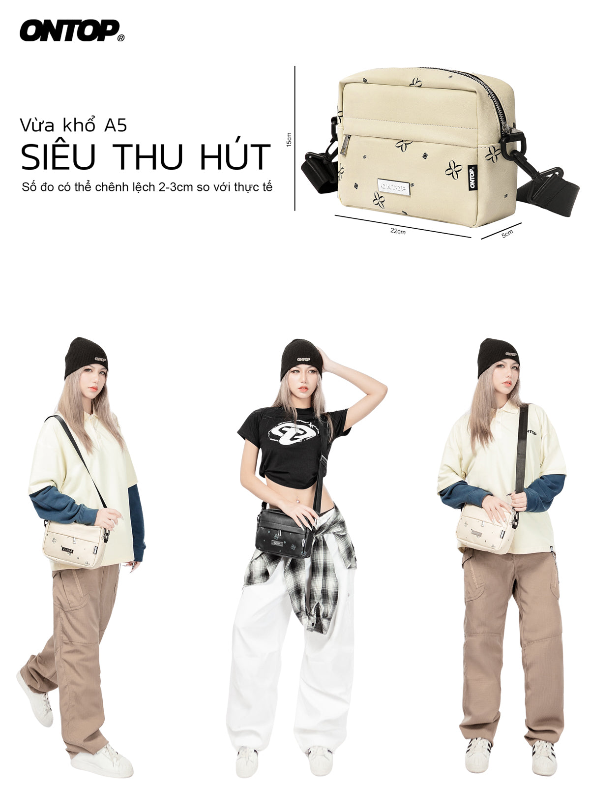 Beige bag with people wearing it on a white background, featuring the brand 'ONTOP'.