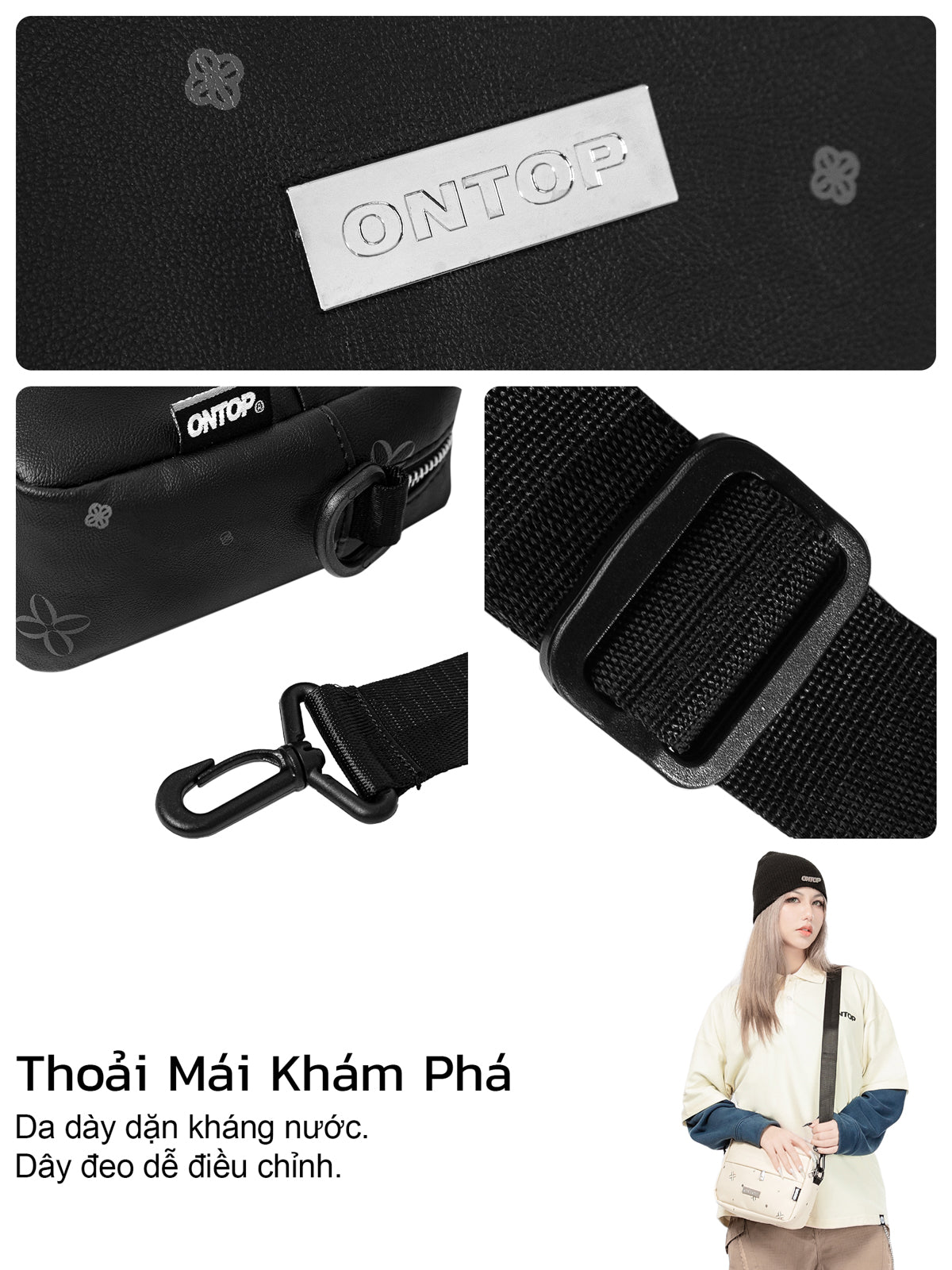Black strap with carabiner and ONTOP branding, featuring a person carrying a bag.