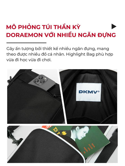 Black bag with multiple compartments and a visible brand logo on a white background