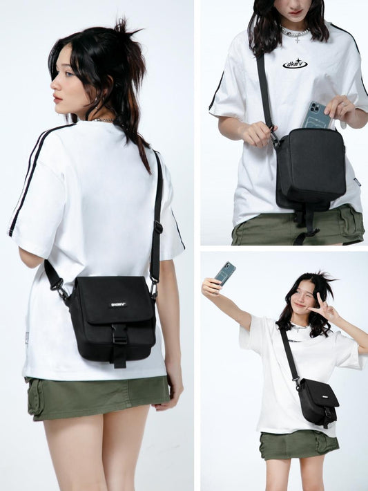 Woman wearing a black crossbody bag in various poses on a white background