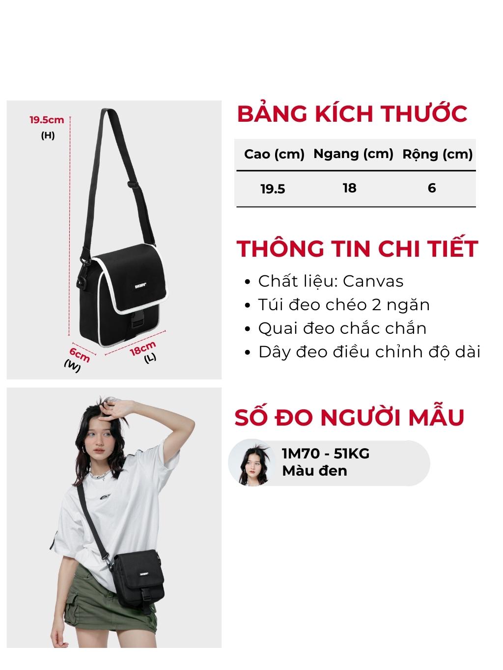 Black crossbody bag with measurements and details on a white background