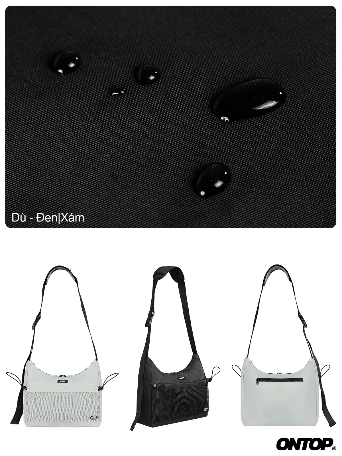 Black textured background with three black stones, followed by three handbags in gray and black on a white background.