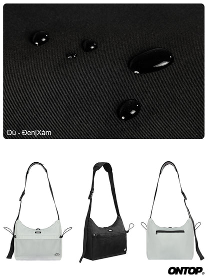 Black textured background with three black stones, followed by three handbags in gray and black on a white background.