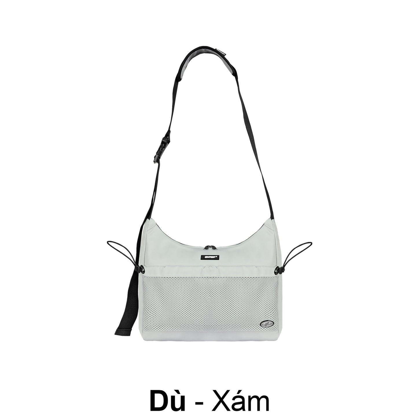 Light gray shoulder bag with black strap on a white background