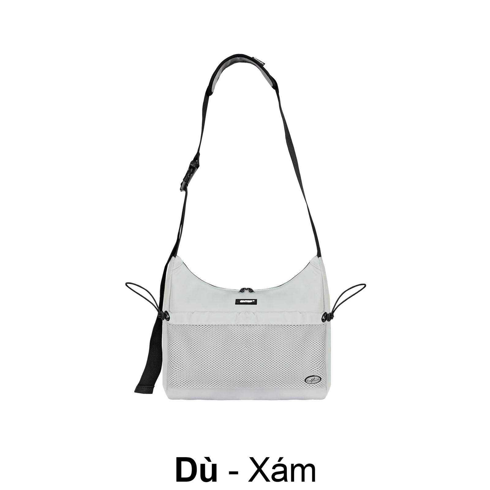 Light gray shoulder bag with black strap on a white background