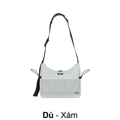 Light gray shoulder bag with black strap on a white background