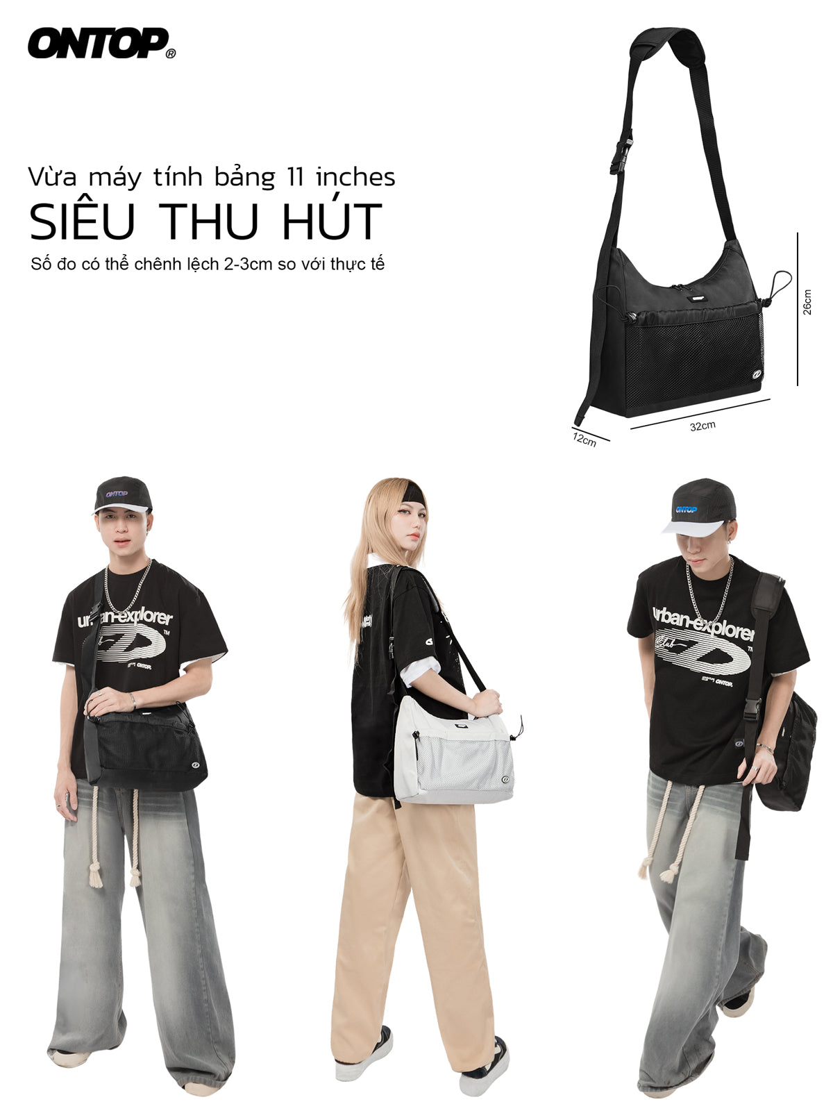 Black shoulder bag with measurements and people wearing it on a white background