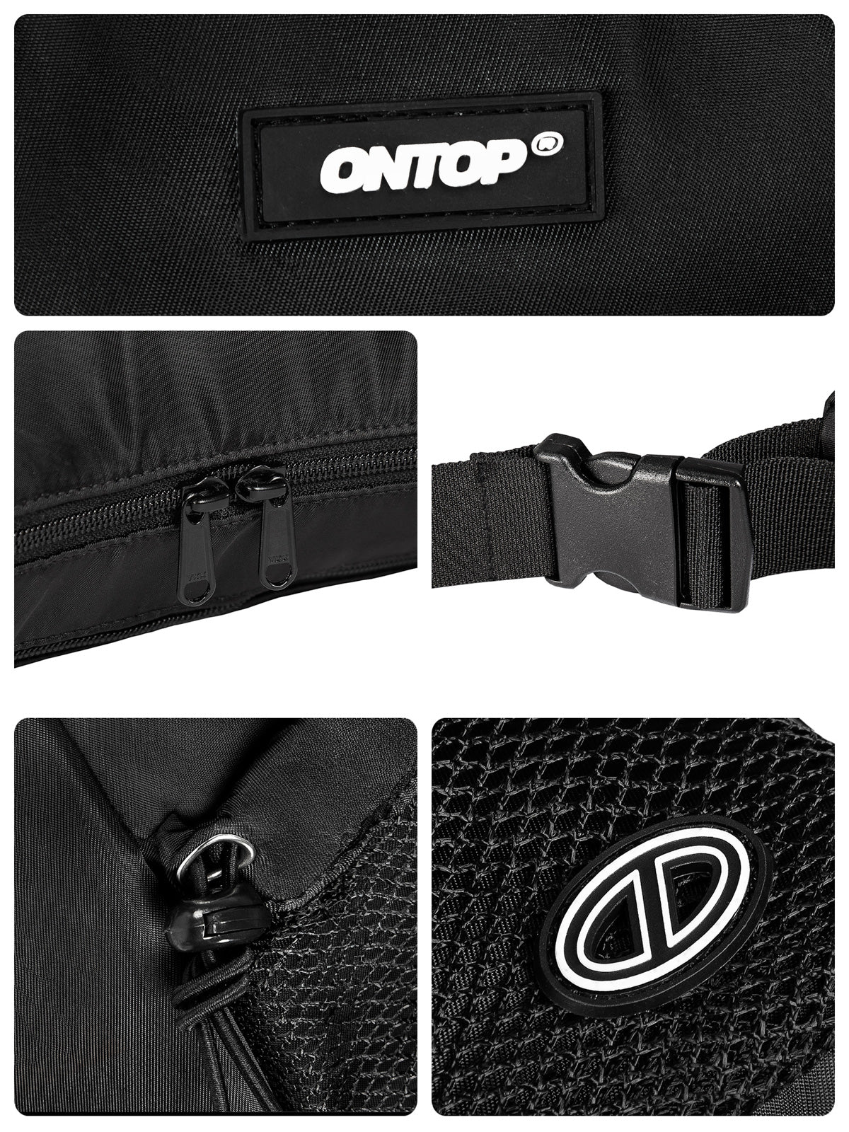 Black waist bag with ONTOP branding and various features shown in close-up.
