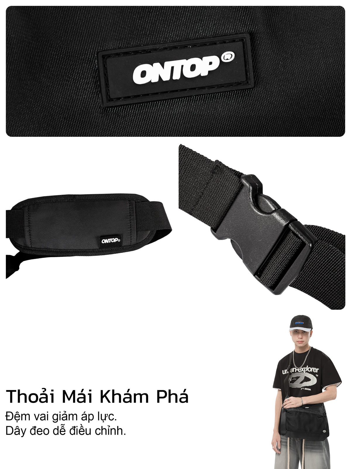 Black waist bag with adjustable strap and ONTOP branding, displayed with a person wearing it.