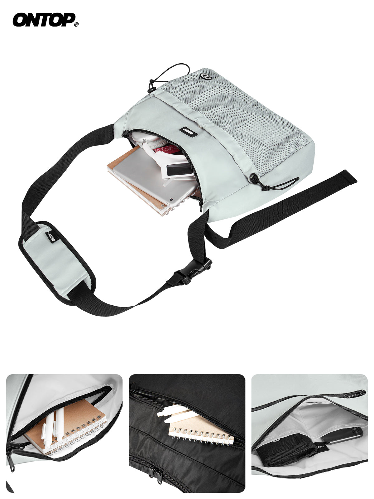 Light gray crossbody bag with a strap, showing interior compartments on a white background.