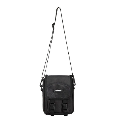 Black crossbody bag with a visible brand logo on a white background