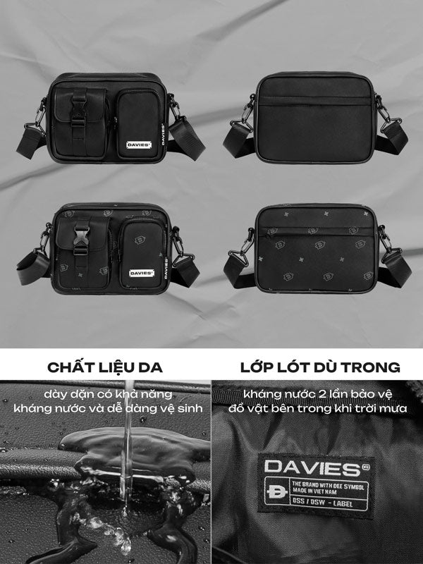 Black crossbody bag with Davies branding, shown from multiple angles on a gray background.