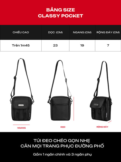 Black crossbody bag with measurements and product details on a red and black background