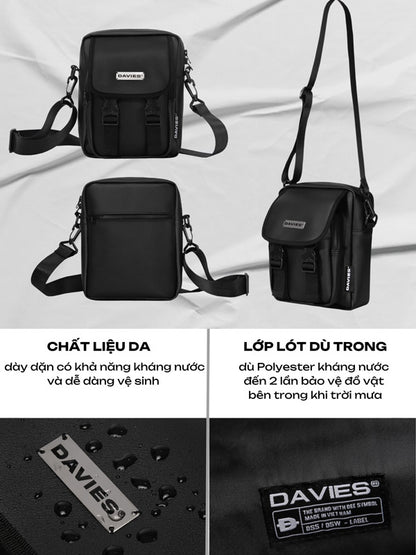 Black crossbody bag with Davies branding on a white background
