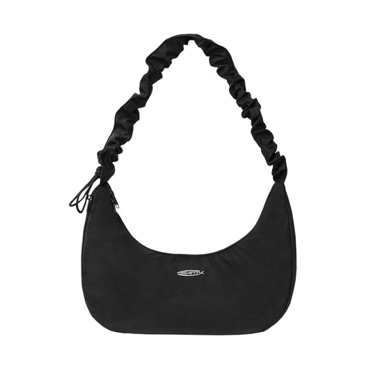 Black shoulder bag with a braided handle on a white background