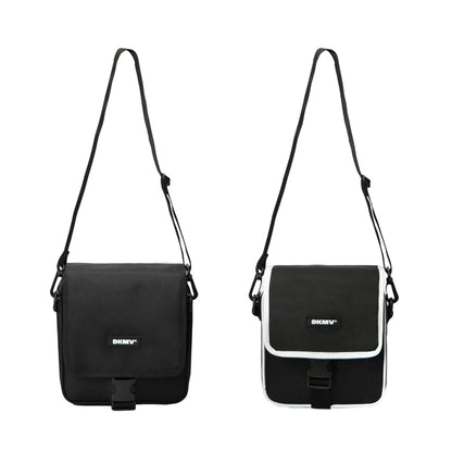 Black shoulder bag with a visible brand logo on a white background