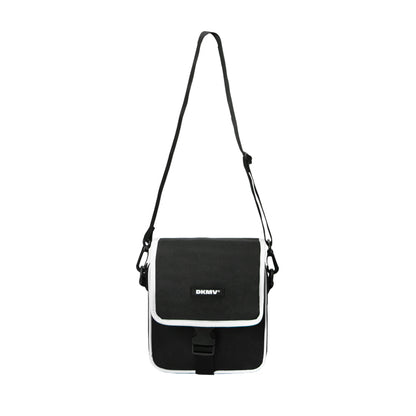 Black and white shoulder bag with 'DKNY' logo on a white background