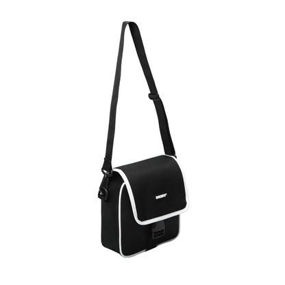 Black shoulder bag with a strap on a white background