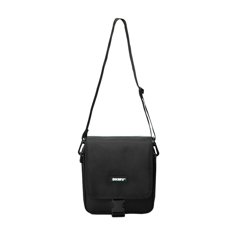 Black shoulder bag with a visible brand logo on a white background