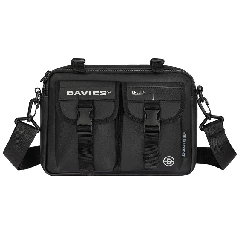 Black shoulder bag with 'DAVIES' branding on a white background