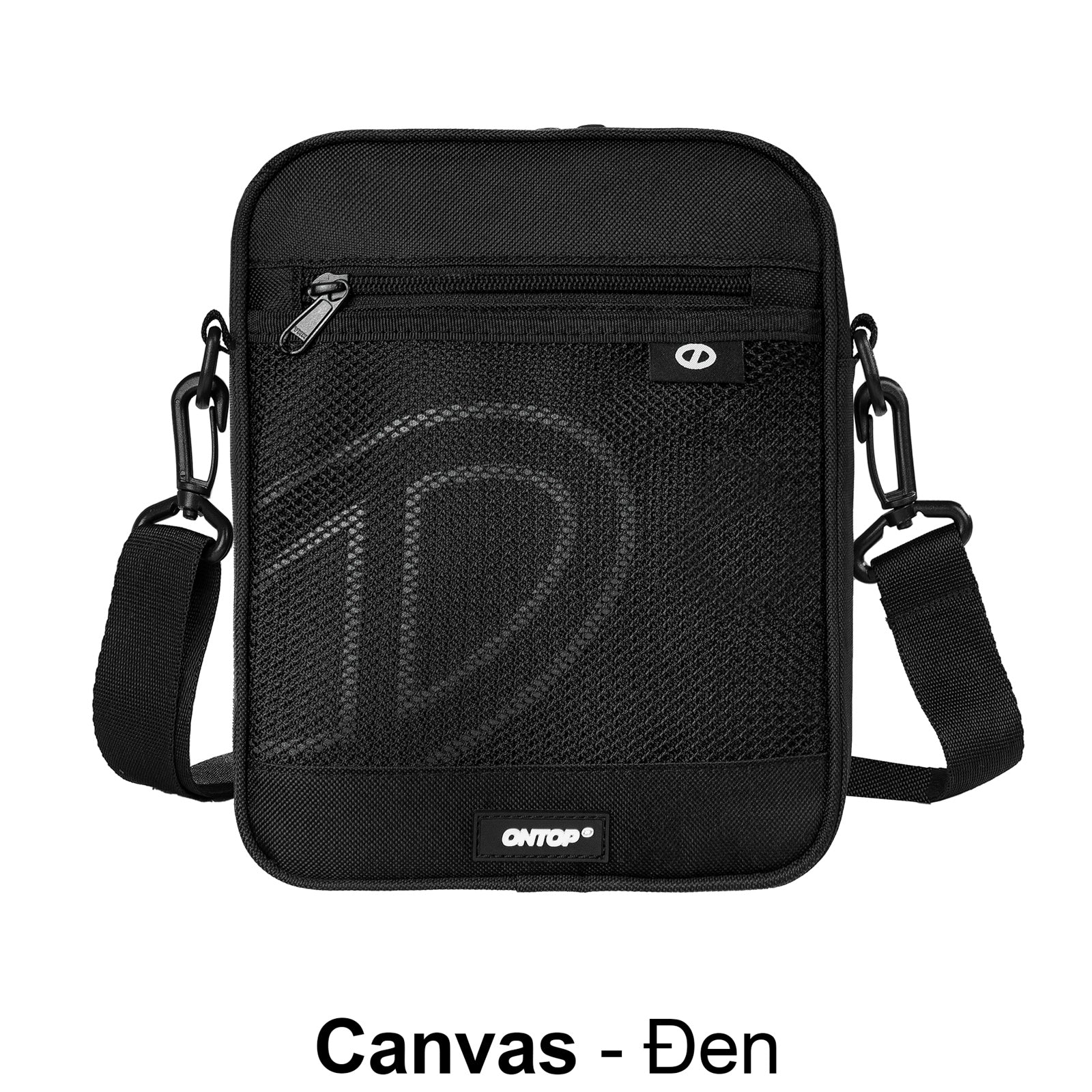 Black crossbody bag with visible brand logo on a white background