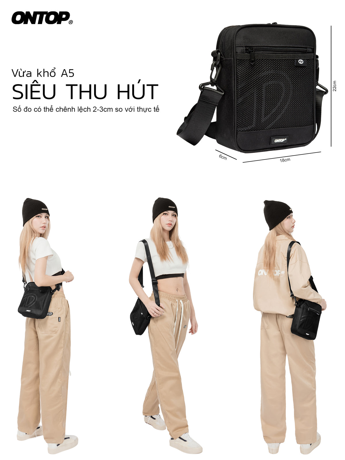 Black crossbody bag with model wearing it, featuring ONTOP branding.